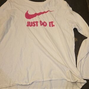 Nike White Shirt with Pink Swoosh and Text